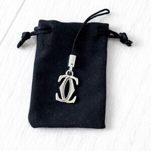 Y2K Cartier 2C Logo Phone Charm Keychain Silver Tone Black Strap Rare NEW